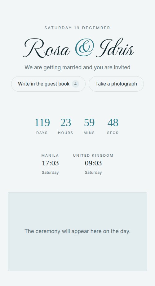 A wedding page before the day: the couple's names, a countdown, and the hour in Manila beside the hour in the United Kingdom.