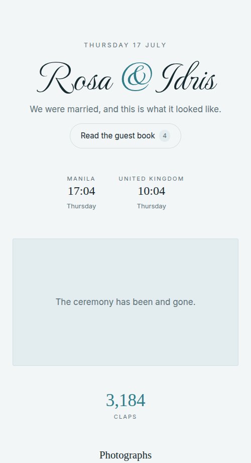 The same page a year on: past tense, the final applause count, and the photographs guests uploaded.